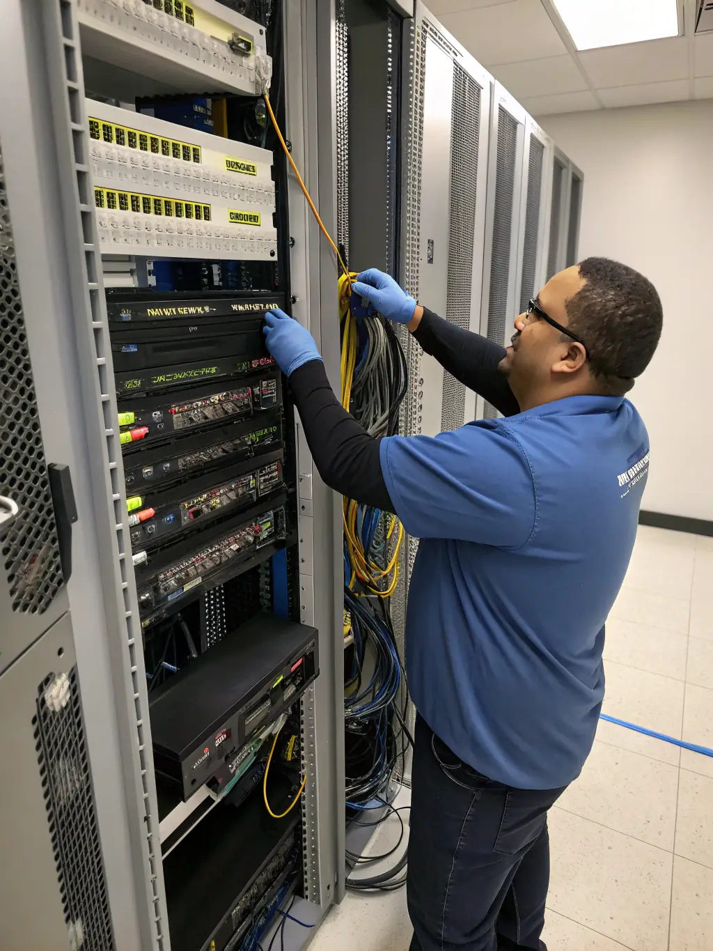 A network engineer configuring a server rack in a modern data center, showcasing Aleph Consulting's expertise in network infrastructure.