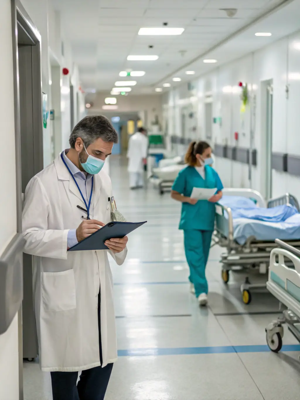 A brightly lit modern hospital hallway with doctors and nurses attending to patients, representing the healthcare industry's need for reliable IT infrastructure.