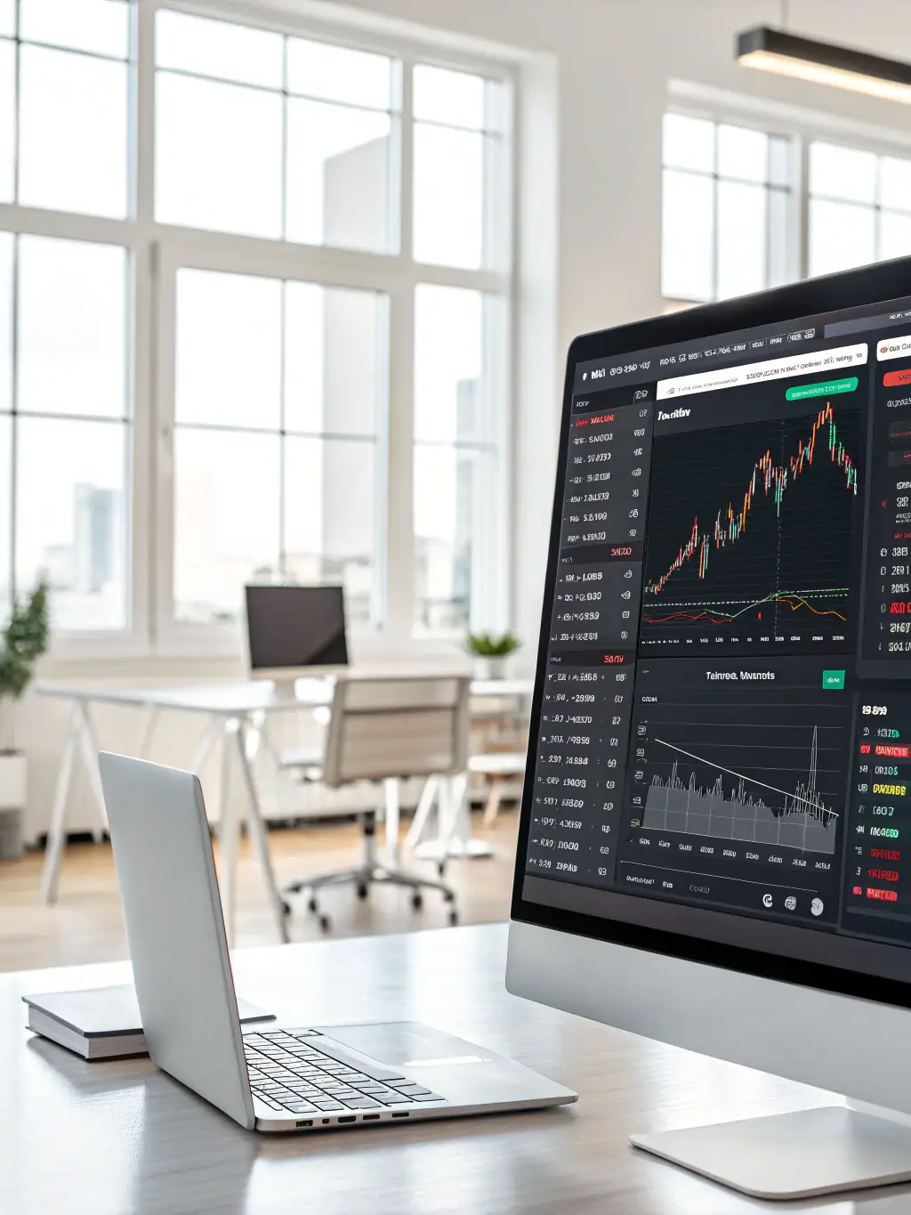 A modern financial office with traders analyzing data on multiple screens, highlighting the finance industry's need for secure and high-performance IT infrastructure.