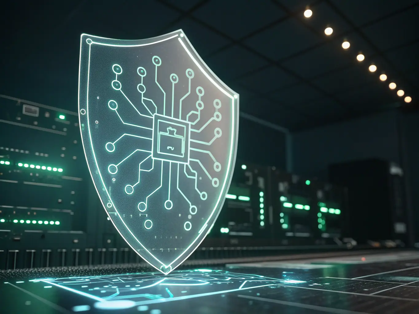 A shield icon overlaying a digital network, symbolizing security and protection.